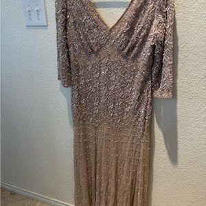 Pisarro Nights Shimmering Beaded Blush Nude Gown Size 14 Double V Neck